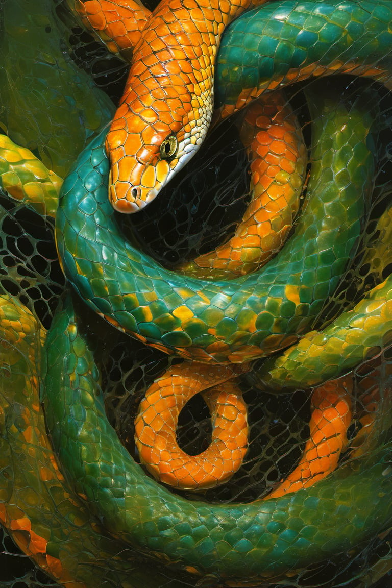  art by simon bisley, art by Brom, art by ralph steadman, art by gustav klimt, a slithering poisonous snake in a tropical jungle, resplendant in colour and intricate detail,  a masterpiece, realistic,  The artwork is a masterpiece, boasting incredible detail and a sense of depth that pulls the viewer in.