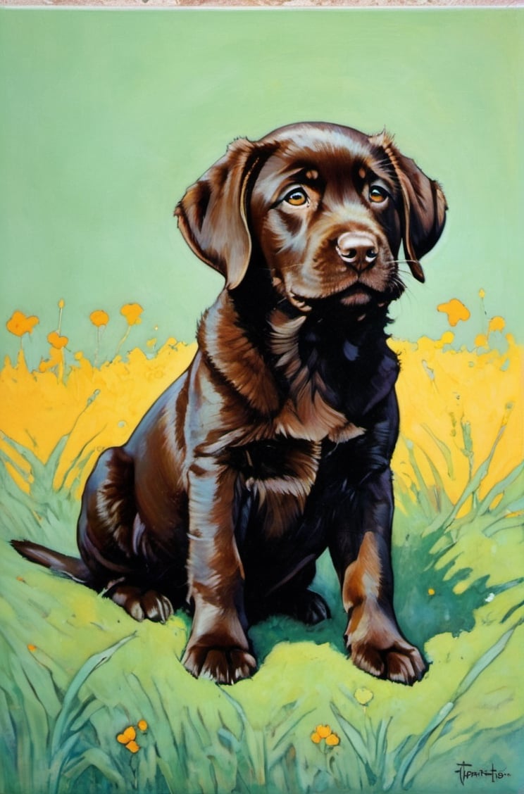  art nouveau style, an oil painting, a masterpiece, a chocolate Labrador puppy, art by TavitaNiko, art by mel odom, art by Klimt , art by brom, art by Warhol, art by frazetta, poster style, Russian art, mint green grass, chocolate puppy fur, 