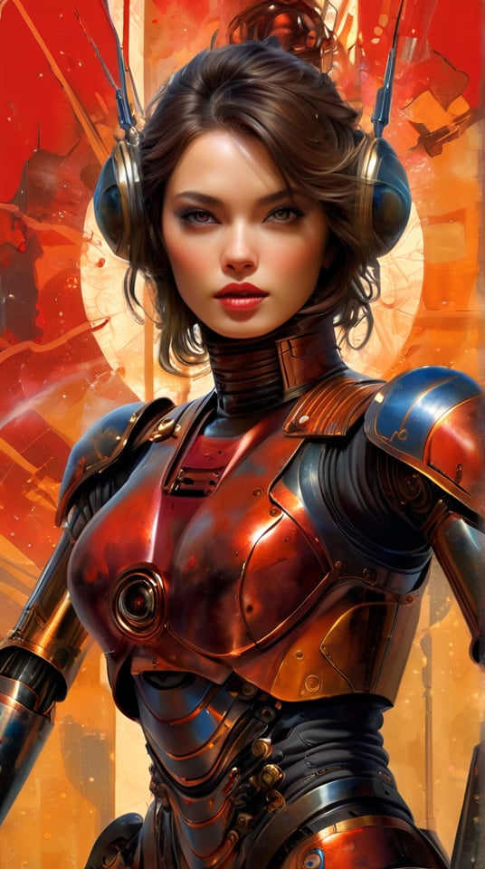 art by Masamune Shirow, art by J.C. Leyendecker, art by simon bisley, art by ralph steadman, a masterpiece, stunning beauty, hyper-realistic oil painting, star wars robotic droid, a portrait picture, incredible detail, fantasy portrait, colour swatches, breathing apparatus, red graffiti background, 