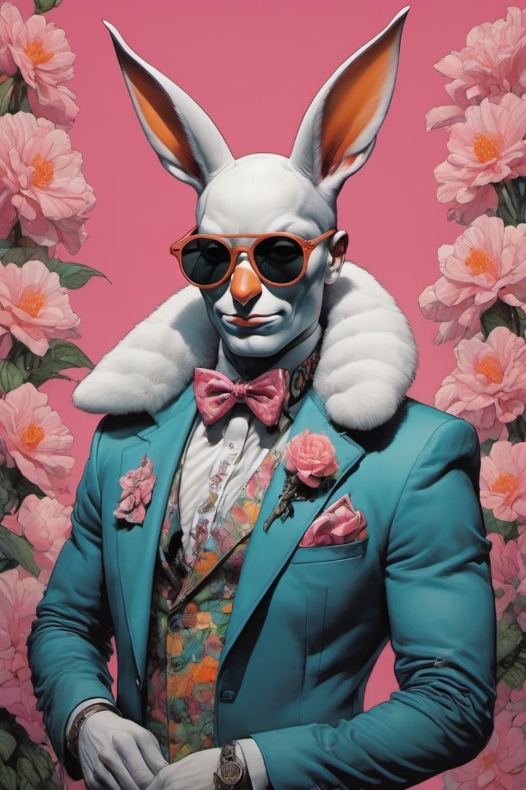 vogue easter ginger bunny portrait, Horror Comics style, art by brom, smiling, john lennon sunglasses, rabbit ears, rabbit nose, ginger rabbit fur, punk hairdo, tattoo by ed hardy, shaved hair, playboy bunny outfit, bunny tail, neck tattoos by andy warhol, heavily muscled, biceps, glam gore, horror, poster style, flower garden, Easter eggs, oversized monarch butterflies, tropical fish, flower garden, 