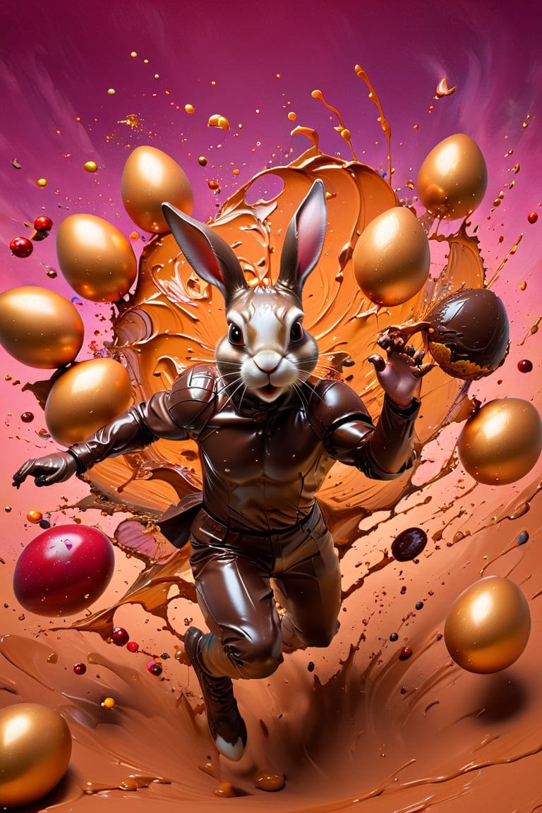 a photograph of Easter eggs, chocolate bunny rabbits, coloured foil eggs, caramello eggs, in a gradient cherry coloured background, fluid motion, dynamic movement, cinematic lighting, palette knife, digital artwork by Beksinski,action shot,sweetscape, 3D, oversized fruit, caramel theme, art by Klimt, airbrush art, 