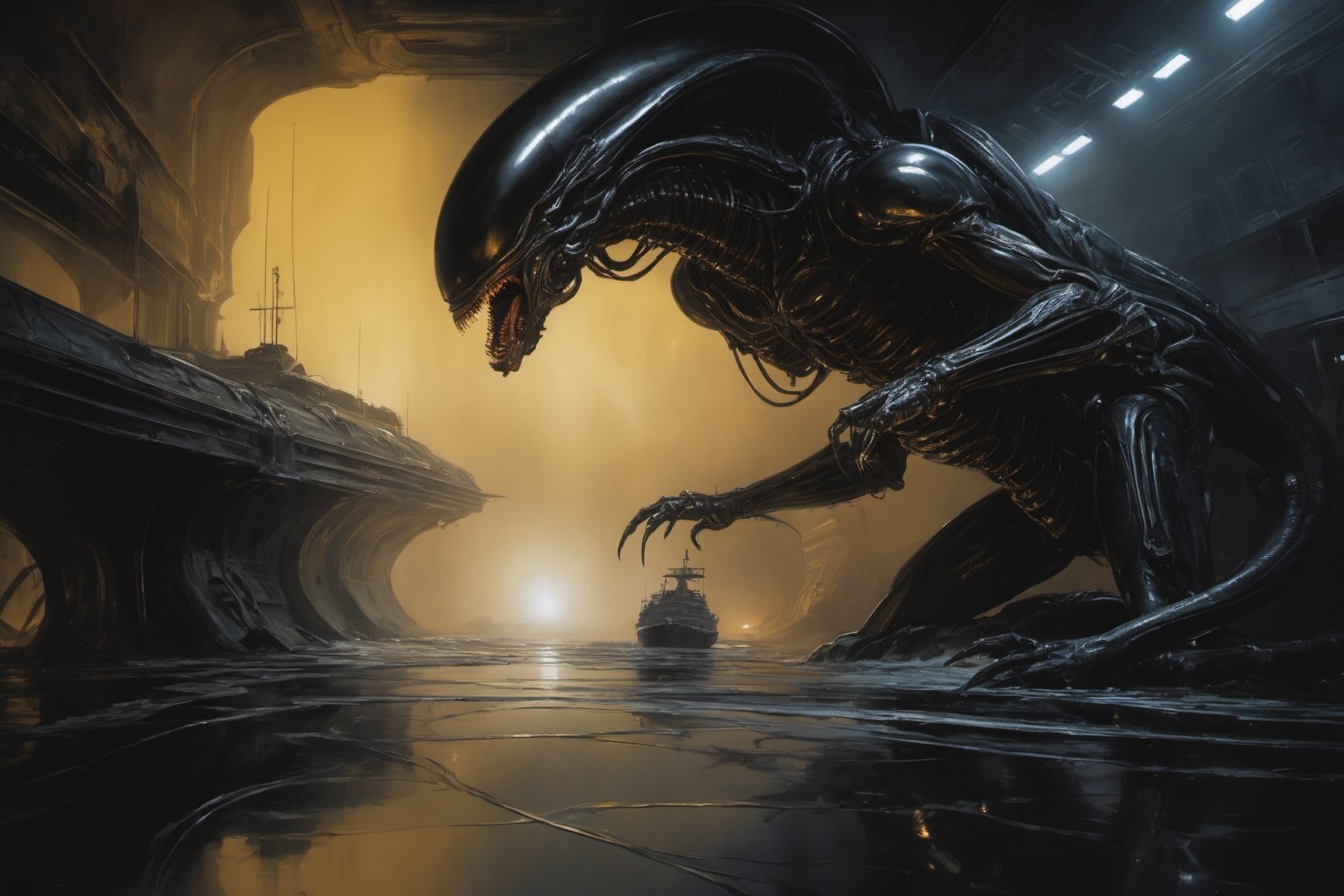 a oil painting wide shot, art by hr giger, a masterpiece, hyper-realistic oil painting, a xenomorph, low lighting, intense shadows, dripping blood and sweat, messed up, battling human troopers, on a spaceship set, dark, blinking lights, dimly lit, wet, water, eerie, 