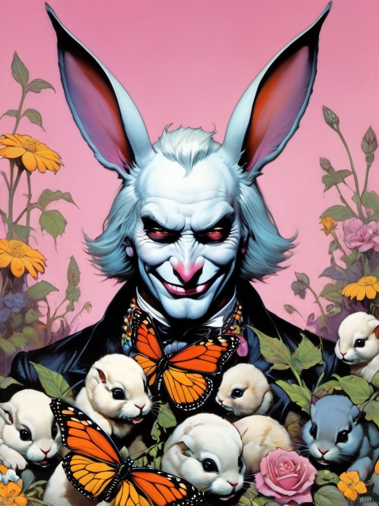 white rabbit with many baby rabbits, Easter theme, Horror Comics style, art by brom, tattoo by ed hardy, shaved hair, neck tattoos andy warhol, mad hatter top hat, heavily muscled, biceps,glam gore, horror, white rabbit, rabbit hole,  demonic, hell visions, demonic women, military poster style, chequer board, vogue easter bunny portrait, Horror Comics style, art by brom, smiling, tongue out, poking tongue at viewer, lennon sunglasses, rabbit ears, rabbit nose, rabbit fur, punk hairdo, tattoo by ed hardy, shaved hair, playboy bunny outfit, bunny tail, neck tattoos by andy warhol, heavily muscled, biceps, glam gore, horror, poster style, flower garden, Easter eggs, coloured foil, oversized monarch butterflies, tropical fish, flower garden,