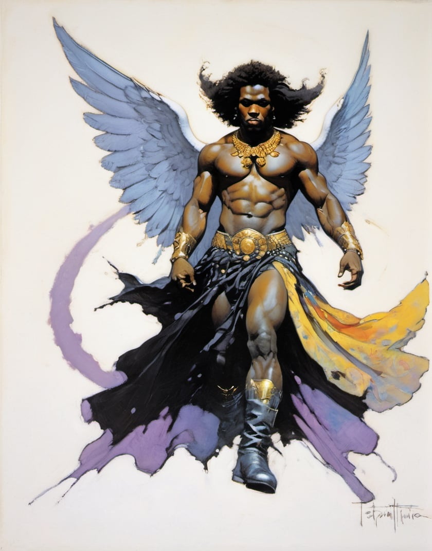 an oil painting, a masterpiece, a black male angel, wings spread,  art by TavitaNiko, art by mel odom, art by Klimt , art by brom, art by Warhol, art by frazetta, 