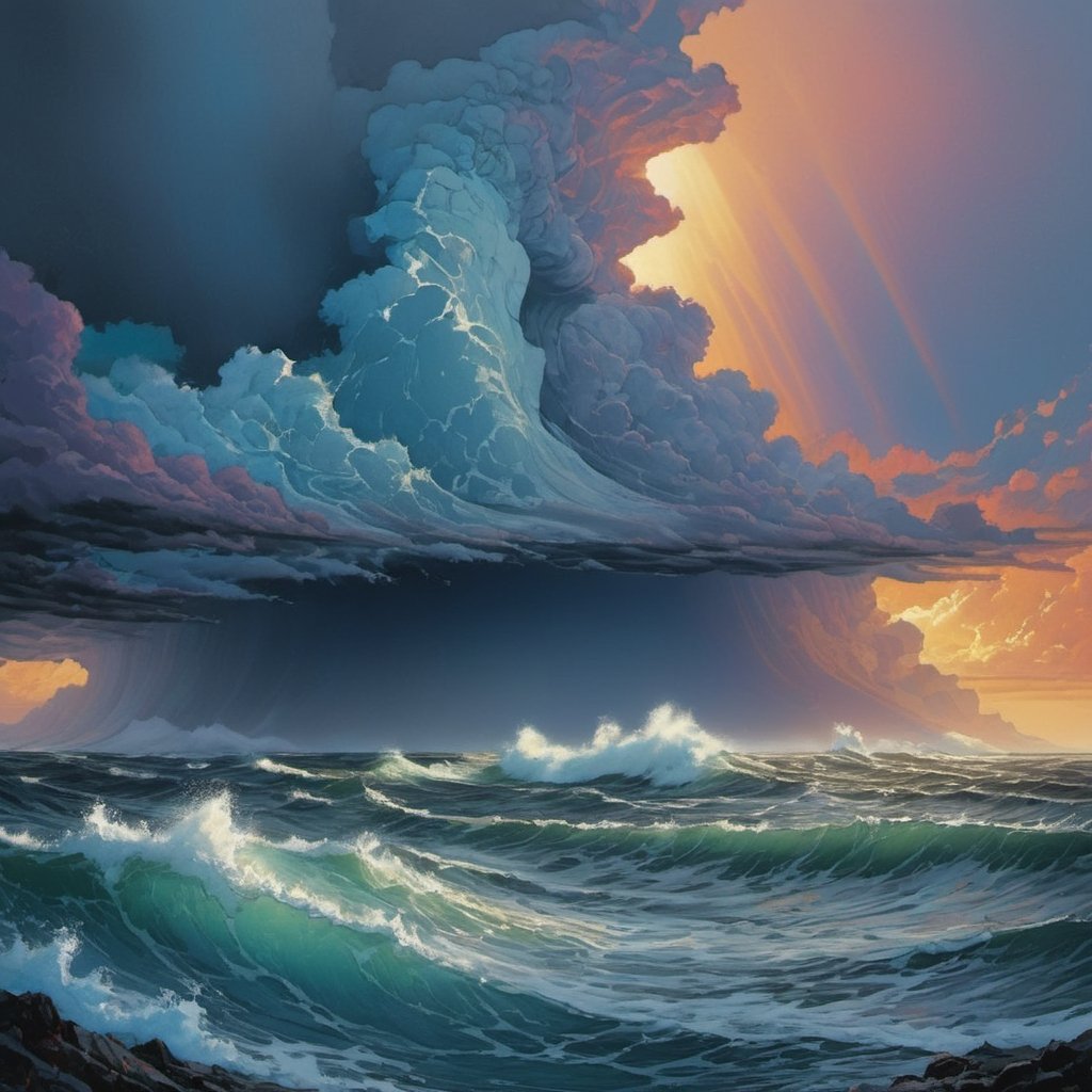  the Pacific Ocean on a stormy day, 5 metre troughs, rain, sun, splashing (((dramatic cloud formation))), poster style,  