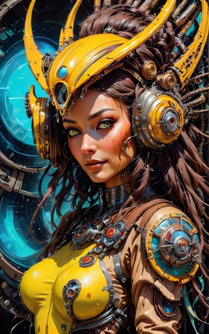 a masterpiece,  stunning beauty,  perfect face,  epic love,  Slave to the machine,  full-body,  hyper-realistic oil painting,  vibrant colors,  Body horror,  wires,   ,  native american war bonnet, a rusty and silver spotted steampunk spacesuit, women looking directly out to viewer, wry smile on her face, neon face with multiple coloured circuits on it, full face visor translucent dirty yellow colour, in the style of futuristic space, glamour,Steam punk steam punk animated gifs, xenomorph lookalike adornments, gun in hand, algorithmic artistry, frank frazetta style, perfect makeup, boris vallejo, pop art consumer culture, plain neon steampunk background, full figure pose,dripping paint,Leonardo Style,blacklight makeup,oni style