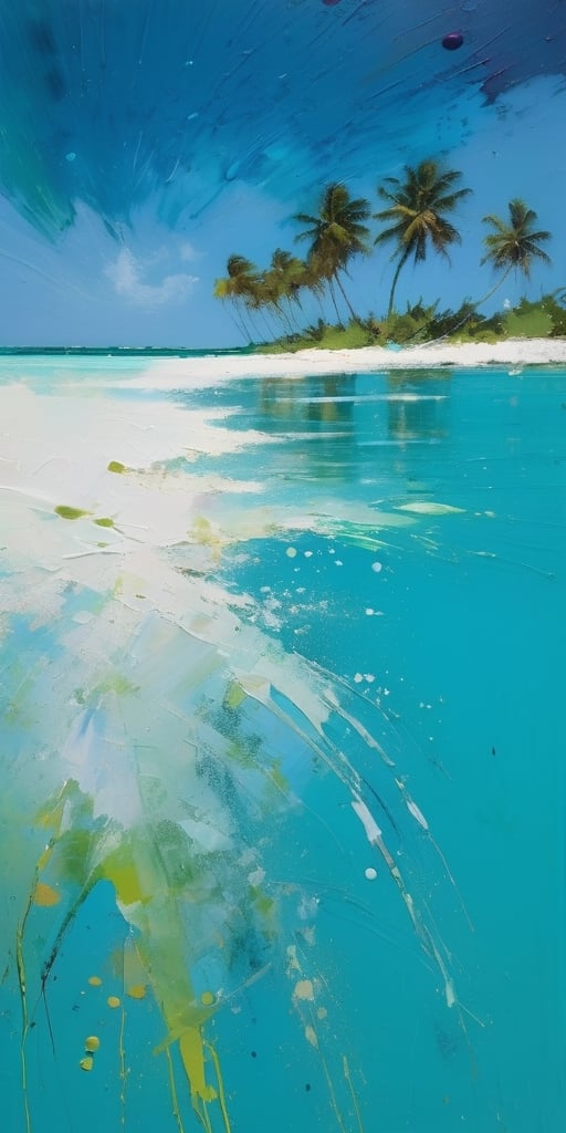 abstract, Cook Islands, as seen from the water, lagoon, white sand, palm trees, bright blue skies, green foliage, turquoise water, thick paint, block palette knife, pastel, in the style of Tony Allain, braod strokes on the knife, dots of paint, splatter, water drops, transparent in places,