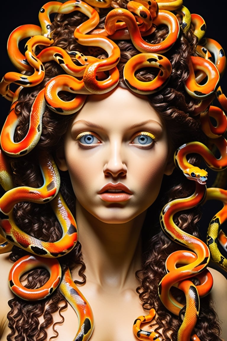 very close up, masterpiece, a scene of medusa staring at the viewer(((head hair made entirely of snakes))) ((medusas hair is entirely made of snakes))Amazon Tree Boa, coral snakes,