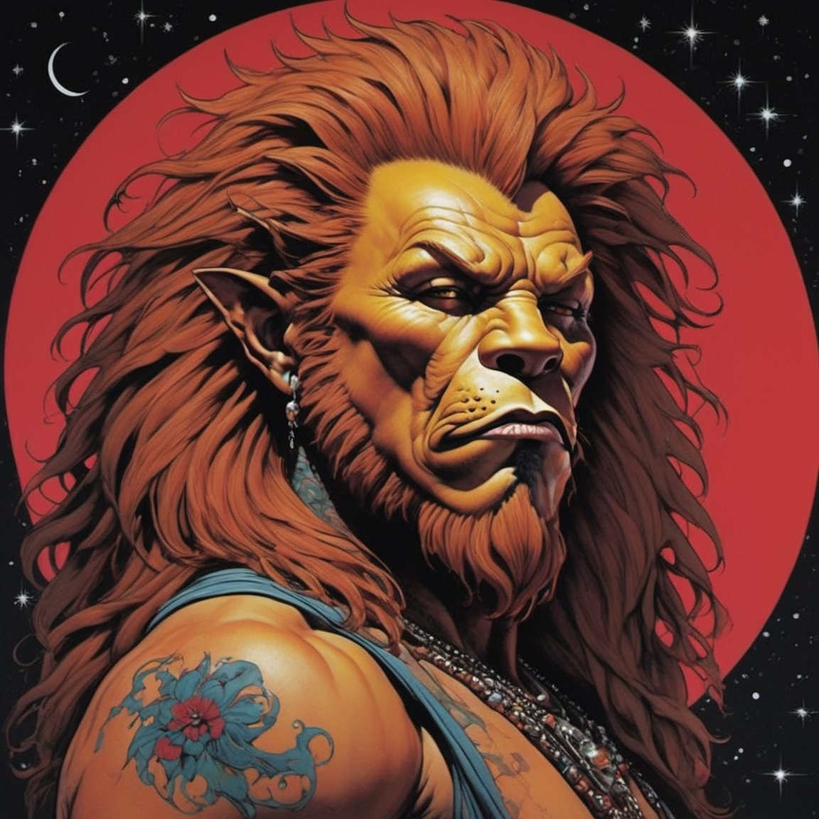 the cowardly lion from the wizard of oz, blood moon, Horror Comics style, art by brom, tattoo by ed hardy, shaved hair, neck tattoos by andy warhol, heavily muscled, biceps, glam gore, horror, poster style, flower garden, space constellation, ,art_booster