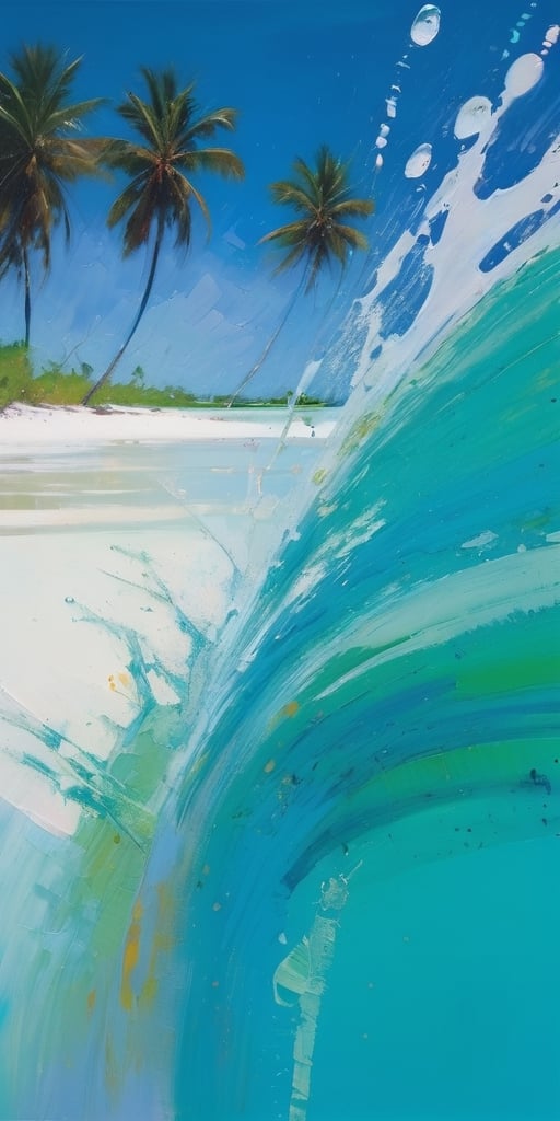 abstract, Cook Islands, as seen from the water, lagoon, white sand, palm trees, bright blue skies, green foliage, turquoise water, thick paint, block palette knife, pastel, in the style of Tony Allain, braod strokes on the knife, dots of paint, splatter, water drops, transparent in places,