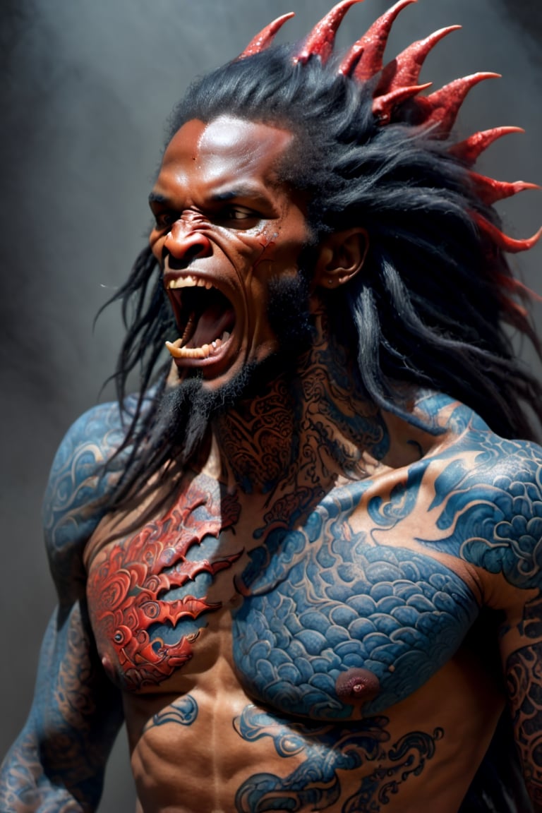 An sexy black african mans arm and shoulder, telephoto lens shot, man is staring at the viewer, raging, long hair, the arm and shoulder are  covered in a very detailed intricate red and blue dragon tattoo that is protruding outfrom the skin, coming alive, its screaming, scratching, similar to dragon tattoo by Boris Vallejo, slowly you see the small dragon tattoo in parts is coming out of the skin and becoming a real version of the tattoo, sticking out, scales, extended claws, 16K, movie still, cinematic, ,omatsuri