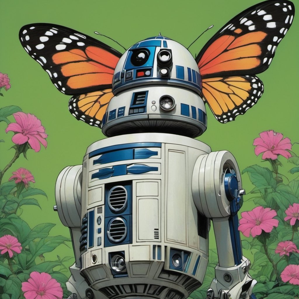 r2d2 , Horror Comics style, art by brom, smiling people, poking tongue at viewer, lennon sunglasses, punk hairdo, tattoo by ed hardy, shaved hair, neck tattoos by andy warhol, heavily muscled, biceps, glam gore, horror, poster style, flower garden, oversized monarch butterflies, tropical fish, flower garden, 