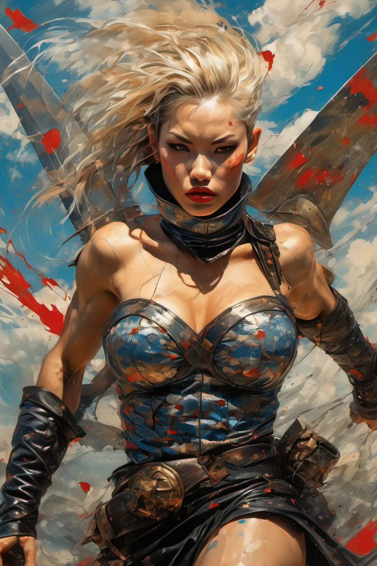 heaven poster, a warrior women, hair is wind blown, huge wings on her back, dramatic blue sky and angry lightening clouds behind her, long battle sword in her right hand, blood dripping from the sword, manga style, an oil painting, a masterpiece, art by TavitaNiko, art by Vallejo, art by Klimt , art by brom, tattoo by ed hardy, shaved hair, neck tattoos andy warhol, heavily muscled, biceps,glam gore, horror, demonic, hell visions, demonic women, military poster style, asian art, chequer board,