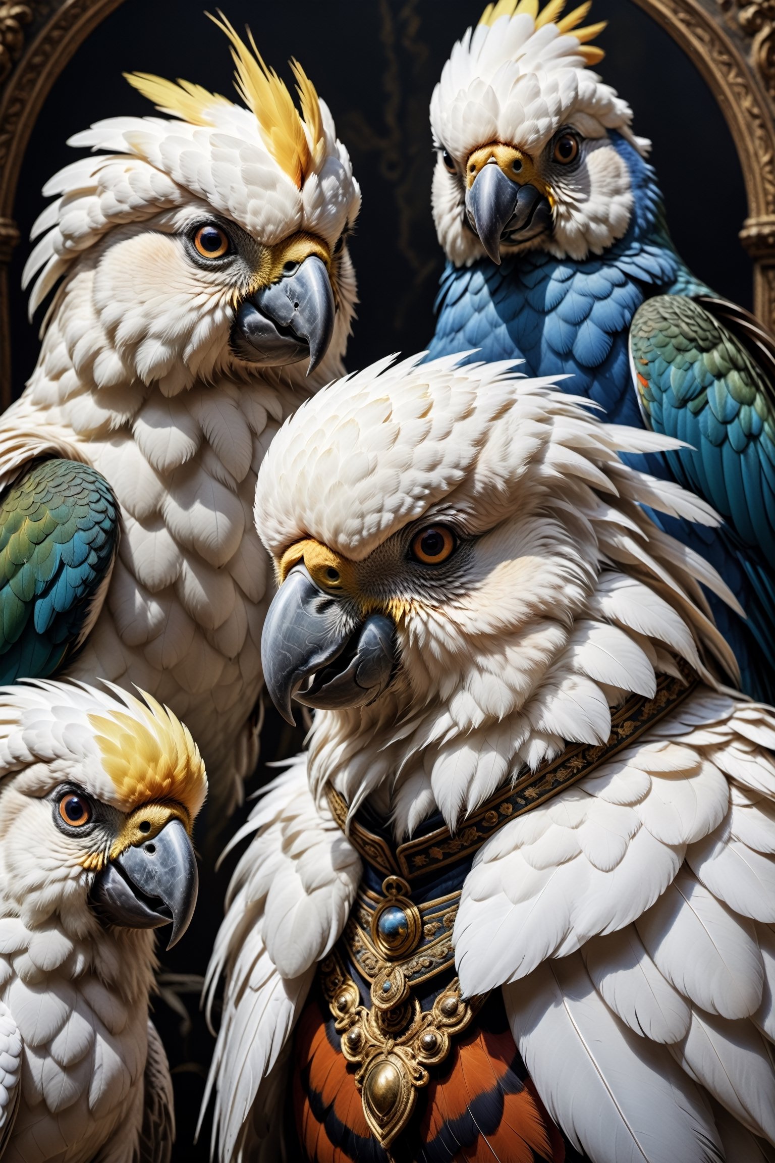 peacocks, tiger stripes,white cockatoo, baroque style, art by sergio toppi, art design by sergio toppi, military poster style, ,more detail XL,close up,Oil painting, 8k, highly detailed, in the style of esao andrews, a clse up oil portrait of a beautiful group of birds, 