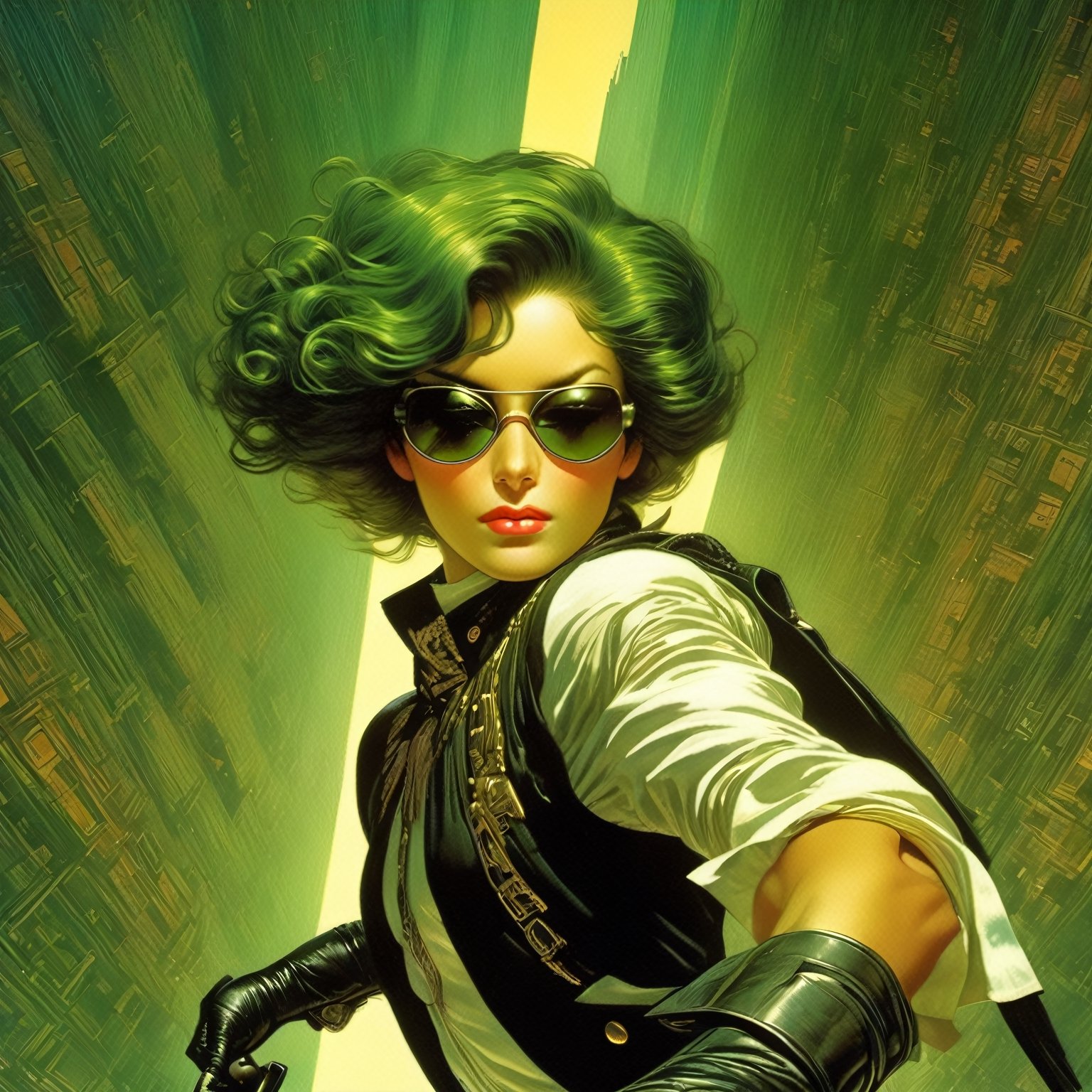 art by Masamune Shirow, art by J.C. Leyendecker, art by boris vallejo, a masterpiece, stunning beauty, hyper-realistic oil painting, vibrant colors, a Neo type character, wearing round sunglasses, dark chiarascuro lighting, aiming a Luger pistol at the viewer, fighting bad guys, being chased, a telephoto shot, 1000mm lens, f2,8,vertical lines of green matrix code