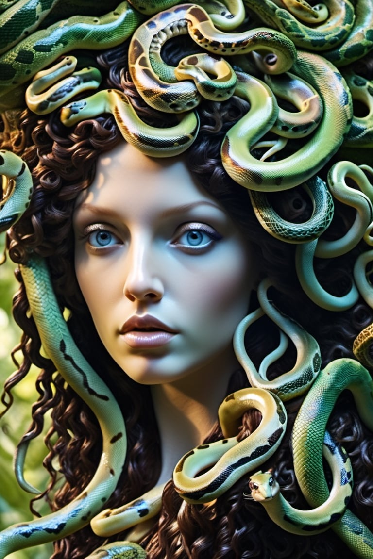 very close up, masterpiece, a scene of medusa staring at the viewer(((head hair made entirely of snakes))) ((medusas hair is entirely made of snakes))Amazon Tree Boa,