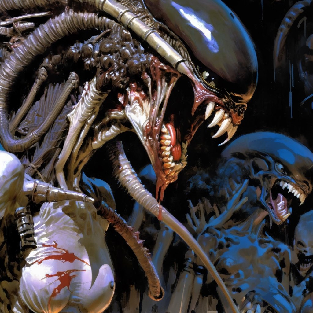 art by Masamune Shirow, art by J.C. Leyendecker, a masterpiece, stunning beauty, hyper-realistic oil painting, vibrant colors, a xenomorph, dark chiarascuro lighting, dripping blood and sweat, messed up, battling human troopers, a telephoto shot, 1000mm lens, f2,8, ,horror