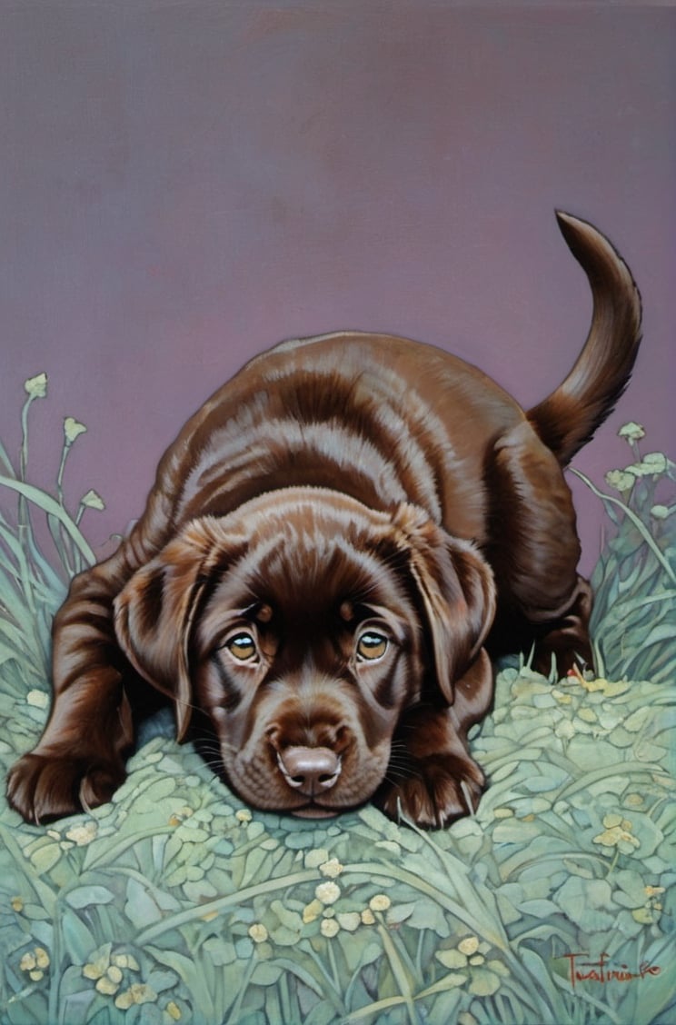  art nouveau style, an oil painting, a masterpiece, a chocolate Labrador puppy, art by TavitaNiko, art by mel odom, art by Klimt , art by brom, art by Warhol, art by frazetta, poster style, Russian art, mint green grass, chocolate puppy fur, 