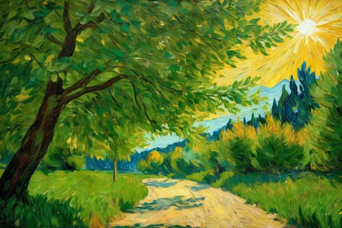 By Van Gogh, Sun, wind, sunny day, oil paint painting, highly detailed, sharpness, dynamic lighting, super detailing, van gogh starry nights background, painterley effect,Oil painting of Mona Lisa ,Leaf,art by sargent