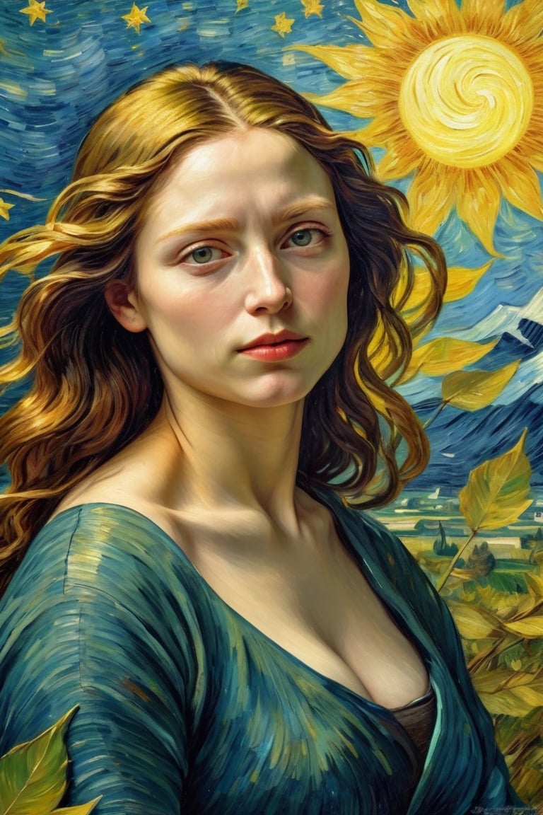 By Van Gogh, Sun, wind, sunny day, oil paint painting, highly detailed, sharpness, dynamic lighting, super detailing, van gogh starry nights background, painterley effect,Oil painting of Mona Lisa ,Leaf,art by sargent