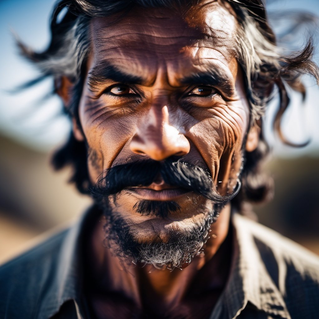 an aboriginal man,  a native from australia, head uncovered,  solo, looking at viewer, 1 man, monochrome, upper body, greyscale, male focus, 2 ft facial hair,2 ft beard, 12 inch mustache, old, old man, no clothing, long bushy unkempt hair, long bushy beard, wild and windswept, all focus on the eyes, short 2 inch depth of field, tamron 1000 mm telephoto lens, f2.8, cinematic angle, looking from above the eyeline down back at the man, angled, extreme close up shot,  eyes only, smiling , few teeth, 