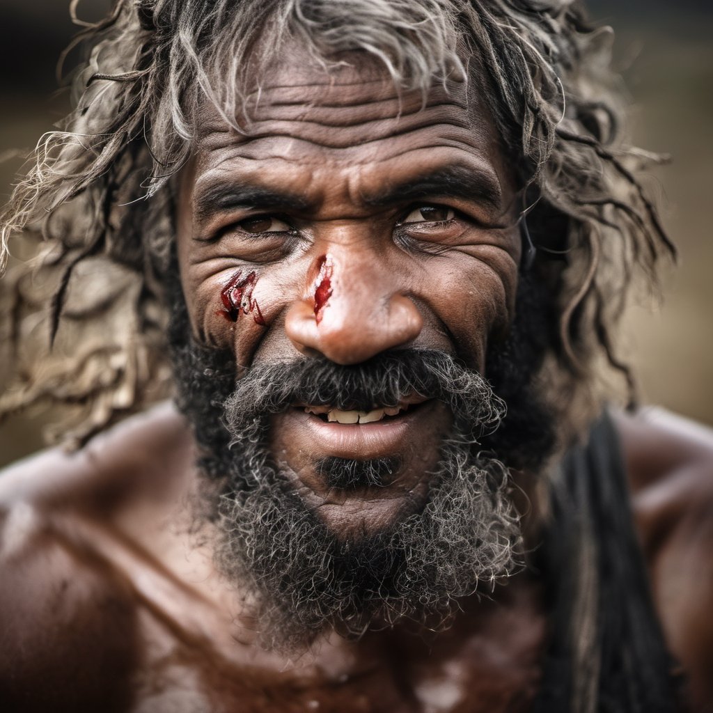 a defeated bare knuckle boxer male, old b;ack african man, head uncovered,  battle scarred, solo, looking at viewer, 1 man, monochrome, upper body, greyscale, male focus, 2 ft facial hair,2 ft beard, 12 inch mustache, old, old man, no clothing, long bushy unkempt hair, long bushy beard, wild and windswept, forlorn, a worn out worried look in his eyes and face, all focus on the eyes, short 2 inch depth of field, tamron 1000 mm telephoto lens, f2.8, cinematic angle, looking from above the eyeline down back at the man, angled, extreme close up shot,  eyes only, teeth bashed out, swollen eye, broken nose, cut eyebrows, no teeth, a towel, a singlet, bloodstained, mouth open and smiling , few teeth, 