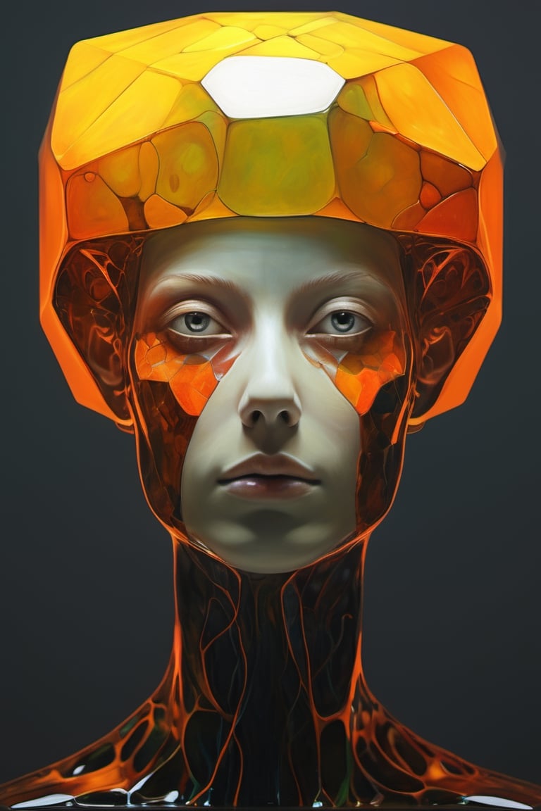 art by yashitomo nara, (((a woman with a cube shaped head))), stunning beauty, hyper-realistic oil, vibrant colors, dark chiarascuro lighting, a telephoto shot, 1000mm lens, f2,8, ,p3rfect boobs,Vogue,more detail XL