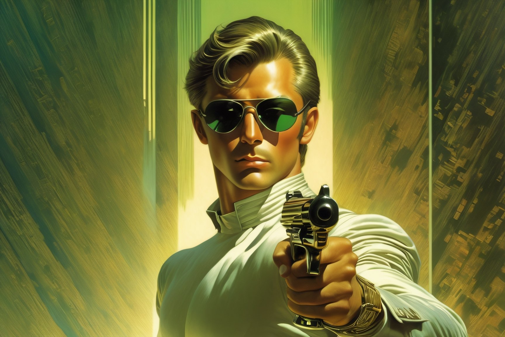 art by Masamune Shirow, art by J.C. Leyendecker, art by boris vallejo, a masterpiece, stunning beauty, hyper-realistic oil painting, vibrant colors, a James Bond type character, wearing round sunglasses, dark chiarascuro lighting, aiming a Luger pistol at the viewer, fighting bad guys, being chased, a telephoto shot, 1000mm lens, f2,8,vertical lines of green matrix code