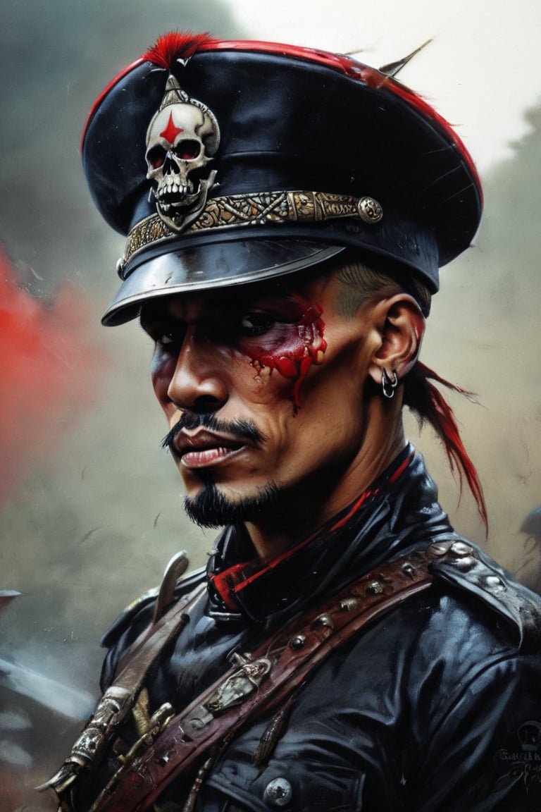 cinematic reality, film, chiarosaurio, depth of field, shadows, reflection, sparks, mists, skull with red military cap, sharp focus, detailed features, blood, tribal tattoos on the skull cheeks and jaw, 