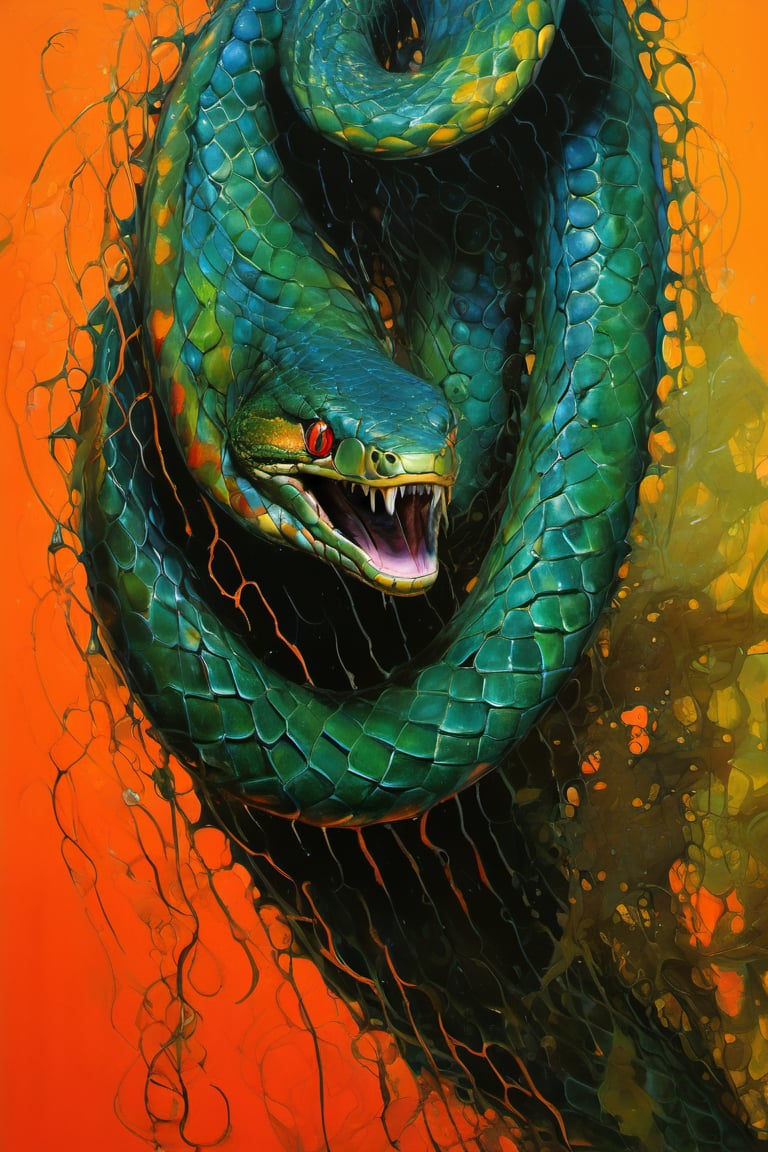  art by simon bisley, art by Brom, art by ralph steadman, art by gustav klimt, a slithering poisonous snake in a tropical jungle, resplendant in colour and intricate detail,  a masterpiece, realistic,  The artwork is a masterpiece, boasting incredible detail and a sense of depth that pulls the viewer in.