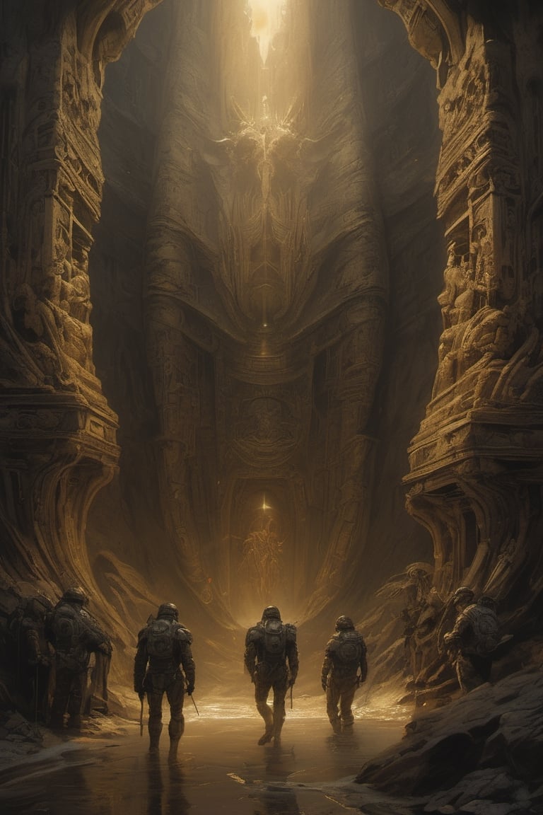 a oil painting wide shot, art by hr giger, a masterpiece, hyper-realistic oil painting of a worship site,, a xenomorph statue carved from the rock face, a prayer site, an engineer head statue, rock formations, low lighting, intense shadows, dripping blood and sweat, messed up, battling human troopers, on a spaceship set, dark, blinking lights, dimly lit, wet, water, eerie, 