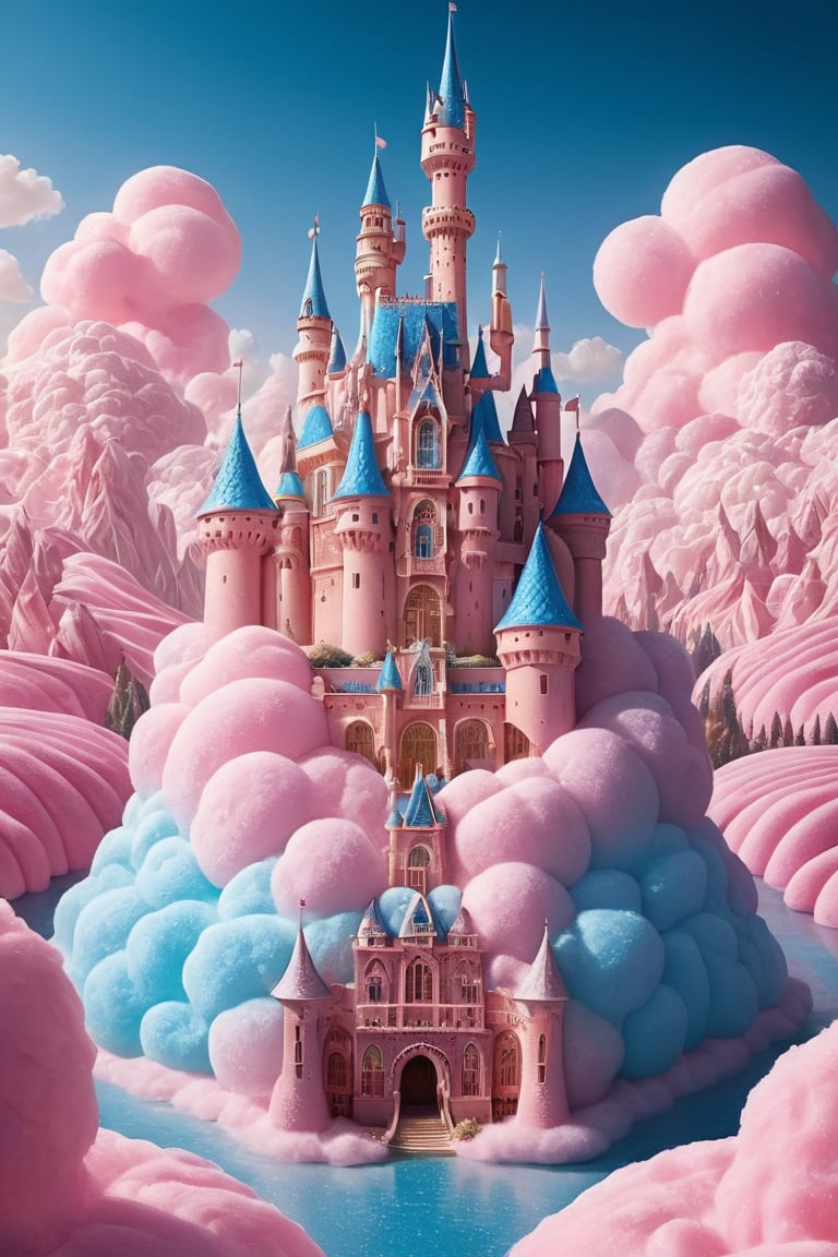 In a breathtakingly rendered fantasy landscape, a majestic castle rises high on a hill, its flags waving majestically in the gentle breeze. Turrets stretch towards the sky, adorned with intricate details and vibrant colors. The sweet-scented village below is a kaleidoscope of tropical delights: blue cotton candy clouds, pink icing shaped buildings, sugar-coated trees, and shimmering fruit stands. Dramatic lighting casts a warm glow, accentuating rounded corners and sparkling textures. A gradient of colors blooms across the scenery, from deep blues to radiant yellows. The overall effect is a sumptuous, 8K masterpiece that transports viewers to a whimsical world of wonder.