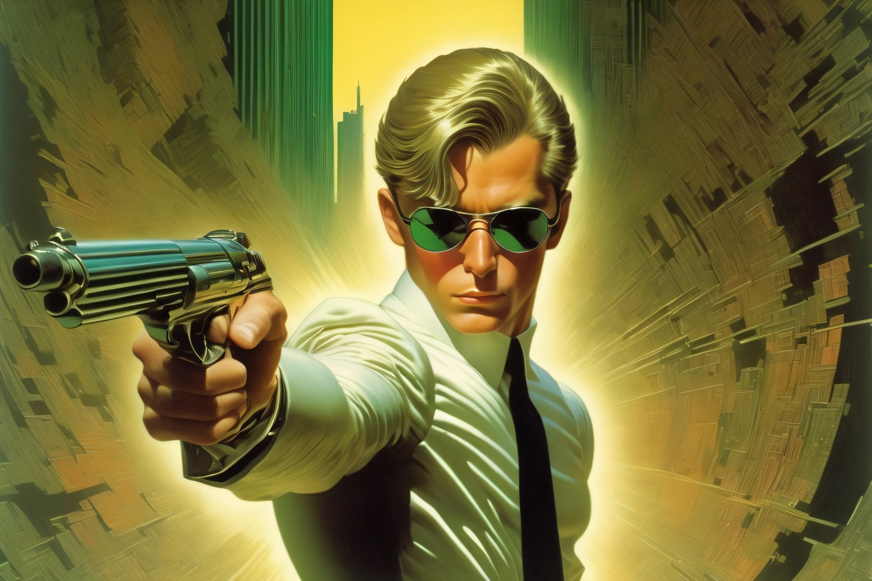 art by Masamune Shirow, art by J.C. Leyendecker, art by boris vallejo, a masterpiece, stunning beauty, hyper-realistic oil painting, vibrant colors, a James Bond type character, wearing round sunglasses, dark chiarascuro lighting, aiming a Luger pistol at the viewer, fighting bad guys, being chased, a telephoto shot, 1000mm lens, f2,8,vertical lines of green matrix code