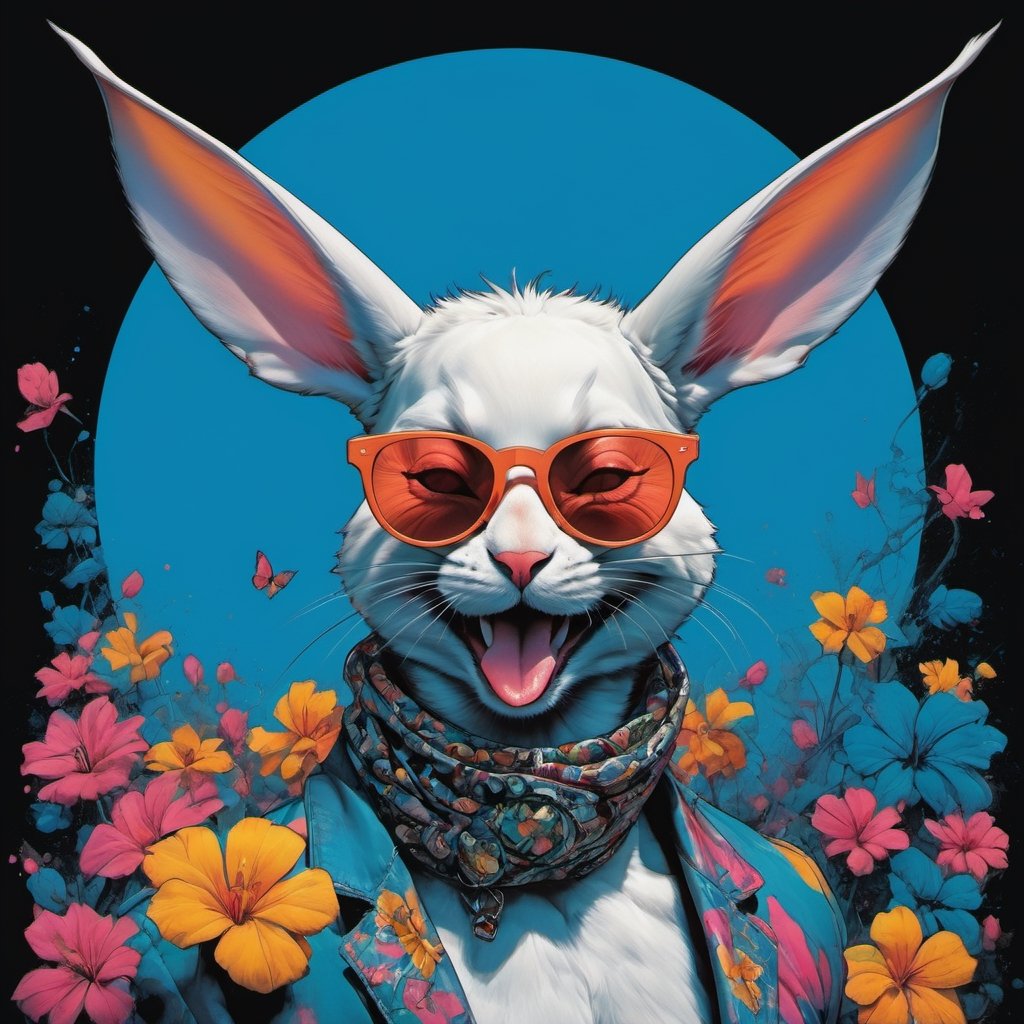 vogue easter bunny portrait, Horror Comics style, art by brom, smiling, lennon sunglasses, rabbit ears, rabbit nose, rabbit fur, punk hairdo, tattoo by ed hardy, shaved hair, playboy bunny outfit, bunny tail, neck tattoos by andy warhol, heavily muscled, biceps, glam gore, horror, poster style, flower garden, Easter eggs, coloured foil, oversized monarch butterflies, tropical fish, flower garden, 