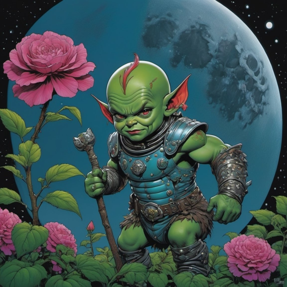 munchkin from the wizard of oz, blood moon, Horror Comics style, art by brom, tattoo by ed hardy, shaved hair, neck tattoos by andy warhol, heavily muscled, biceps, glam gore, horror, poster style, flower garden, space constellation, ,art_booster