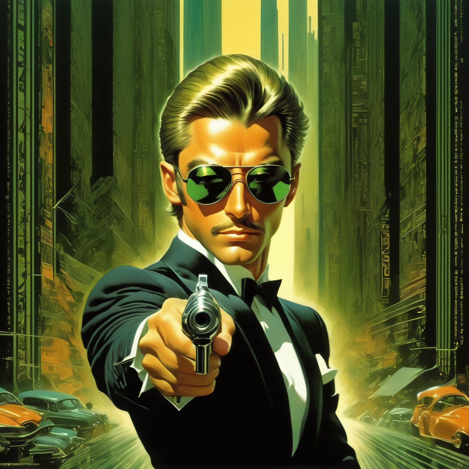 art by Masamune Shirow, art by J.C. Leyendecker, art by boris vallejo, a masterpiece, stunning beauty, hyper-realistic oil painting, vibrant colors, a James Bond type character, wearing round  mirrored Lennon sunglasses, dark chiarascuro lighting, aiming a Luger pistol at the viewer, fighting bad guys, being chased, a telephoto shot, 1000mm lens, f2,8,vertical lines of green matrix code