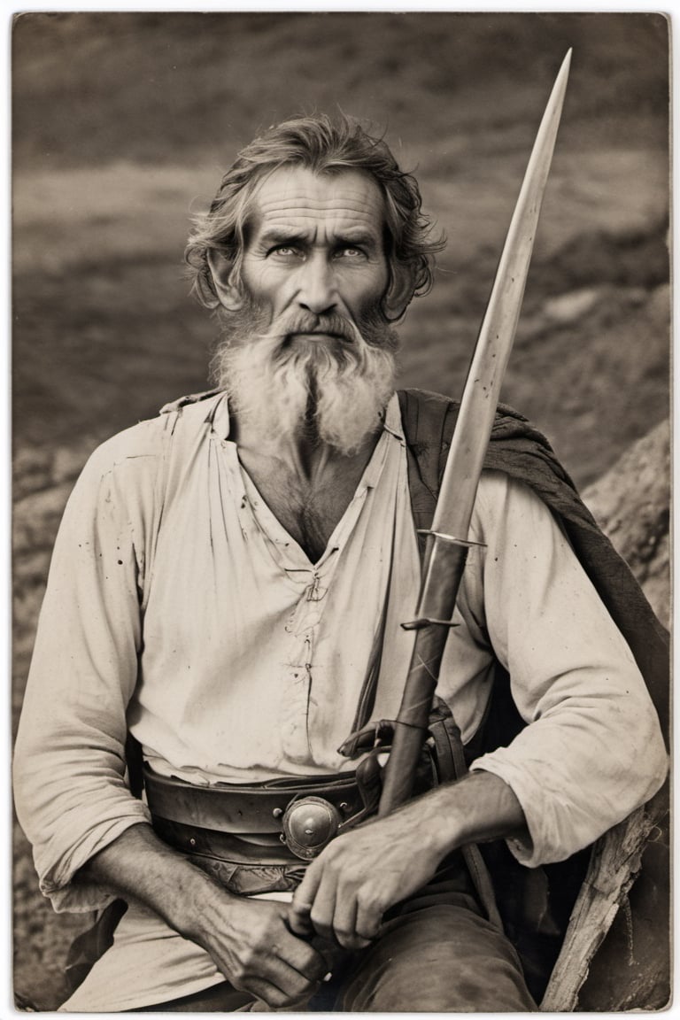 a defeated dragon hunting male, old man, the year is 1142 AD, head uncovered,  battle scarred, solo, looking at viewer, 1 man, holding a lance, monochrome, upper body, greyscale, male focus, 2 ft facial hair,2 ft beard, 12 inch mustache, old, old man, no clothing, long bushy unkempt hair, long bushy beard, wild and windswept, forlorn, a worn out worried look in his eyes and face, all focus on the eyes, short 2 inch depth of field, tamron 1000 mm telephoto lens, f2.8, cinematic angle, looking from above the eyeline down back at the man, angled, extreme close up shot,  eyes only, 