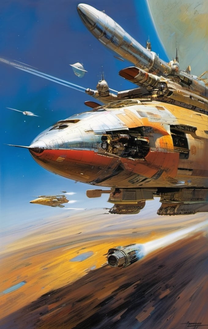 spaceship travelling past a planet, in space, ultra quality, highly detailed, art by john Berkey, art by chris foss,