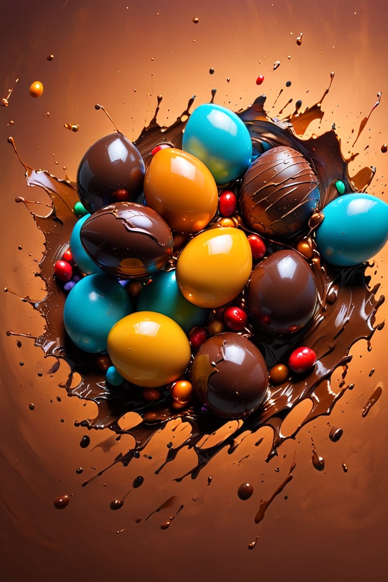 a photograph of Easter eggs, chocolate bunny , coloured foil eggs, caramello eggs, in a gradient cherry coloured background, fluid motion, dynamic movement, cinematic lighting, palette knife, digital artwork by Beksinski,action shot,sweetscape, 3D, oversized fruit, caramel theme, art by Klimt, airbrush art, 