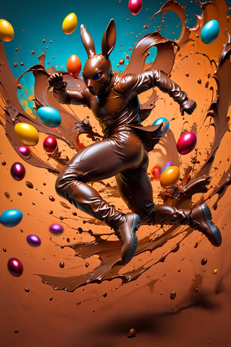 a photograph of Easter eggs, chocolate bunny , coloured foil eggs, caramello eggs, in a gradient cherry coloured background, fluid motion, dynamic movement, cinematic lighting, palette knife, digital artwork by Beksinski,action shot,sweetscape, 3D, oversized fruit, caramel theme, art by Klimt, airbrush art, 