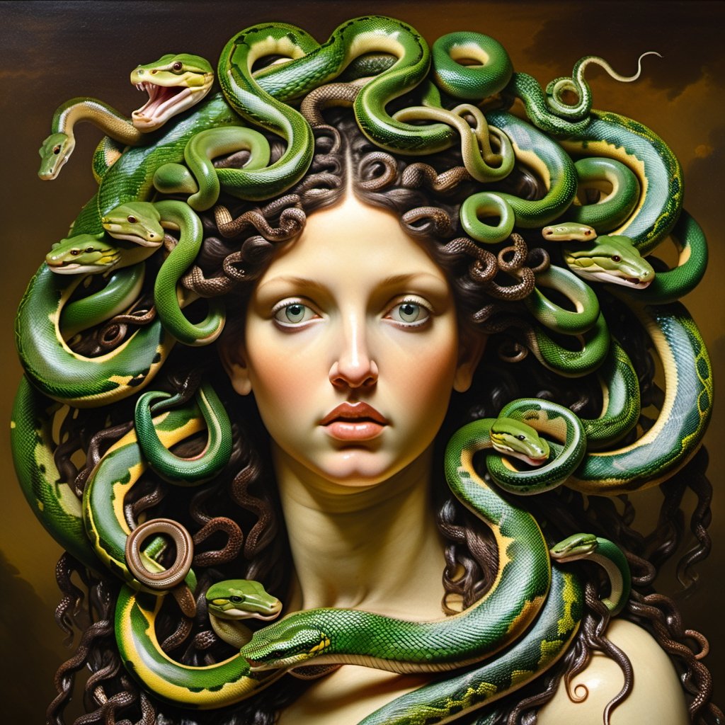 very close up, masterpiece, a scene of medusa staring at the viewer(((head hair made entirely of snakes))) ((medusas hair is entirely made of snakes))Amazon Tree Boa,