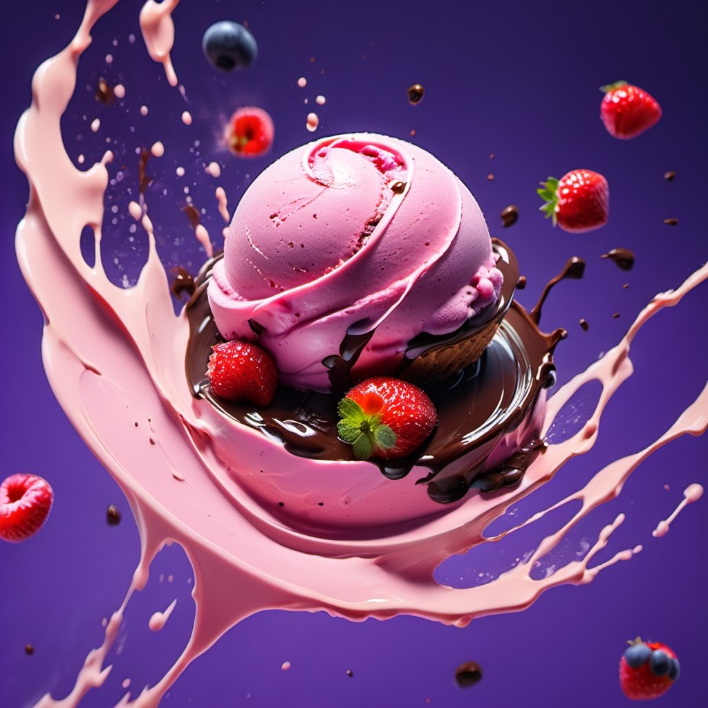 an extreme close up, macro photograph of strawberry ice cream with cherry cream, ice cubes, maraschino cherries, blueberries, dark chocolate sauce, nuts, mint leaves, splashing dark chocolate sauce, in a gradient purple background, fluid motion, dynamic movement, cinematic lighting, Mysterious, golden ratio, acrylic palette knife, style of makoto shinkai studio ghibli genshin impact james gilleard greg rutkowski chiho aoshima,digital artwork by Beksinski,action shot,sweetscape, 3D, oversized fruit, honey theme, 