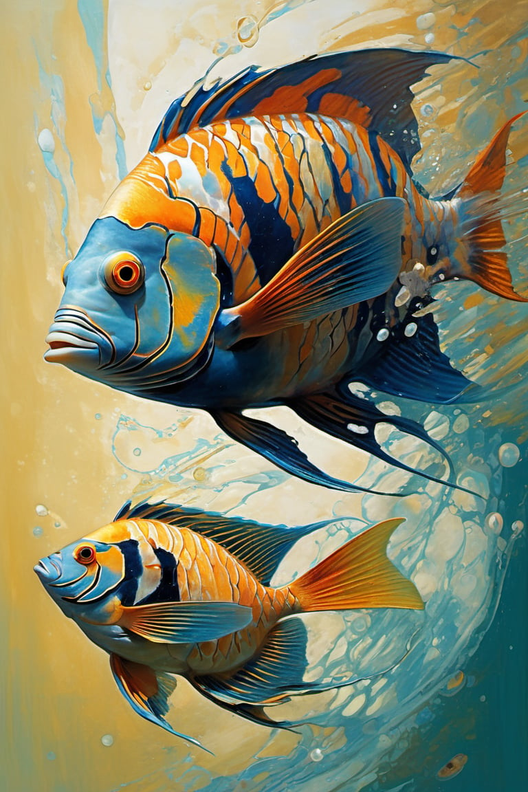  art by simon bisley, art by Brom, art by ralph steadman, art by gustav klimt, a tropical angel fish swimming in a tropical ocean, resplendant in colour and intricate detail,  a masterpiece, realistic,  The artwork is a masterpiece, boasting incredible detail and a sense of depth that pulls the viewer in.