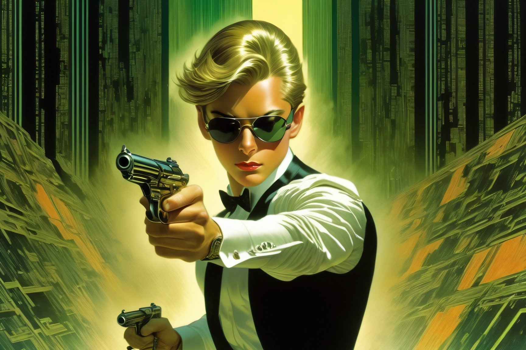 art by Masamune Shirow, art by J.C. Leyendecker, art by boris vallejo, a masterpiece, stunning beauty, hyper-realistic oil painting, vibrant colors, a James Bond type character, wearing round sunglasses, dark chiarascuro lighting, aiming a Luger pistol at the viewer, fighting bad guys, being chased, a telephoto shot, 1000mm lens, f2,8,vertical lines of green matrix code