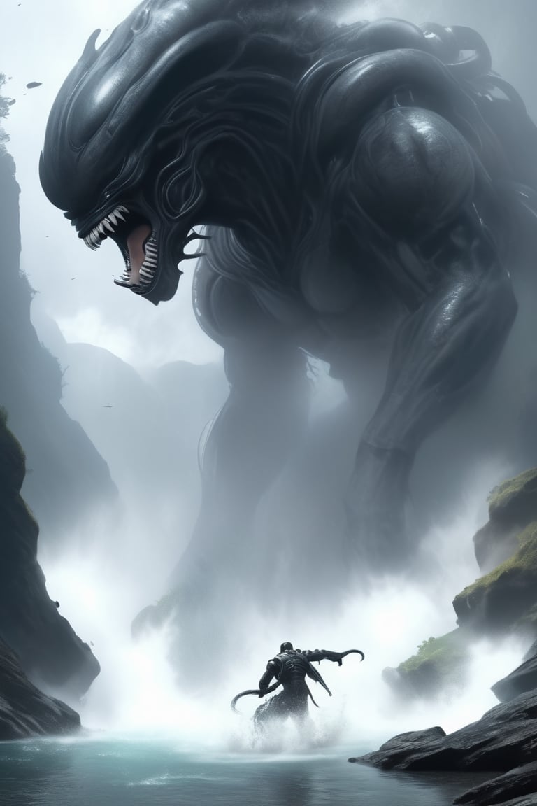 an alien xenomorph launches itself at a nearby victim, a giant bear,  motion blur, river scene,  splashing waterf, splashes, cliff, waterfalls, distant water mist and haze, cinematic wide shot,