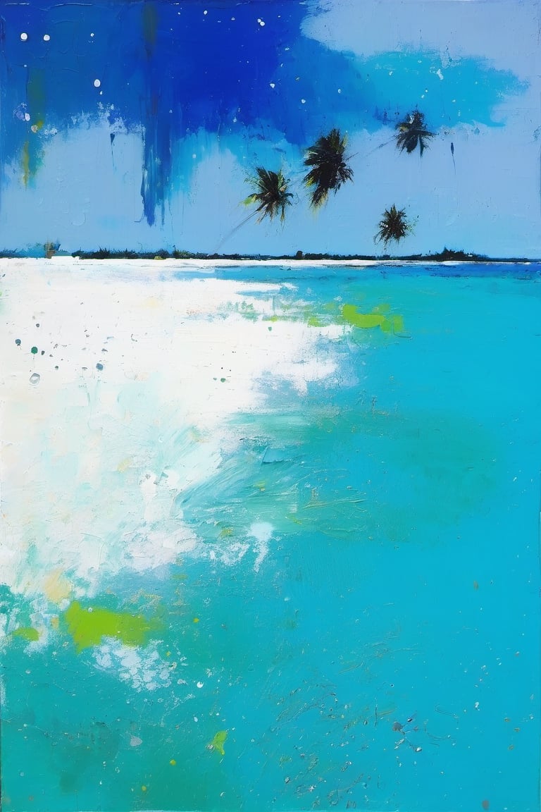 abstract, Cook Islands, as seen from the water, lagoon, white sand, palm trees, bright blue skies, green foliage, turquoise water, thick paint, block palette knife, pastel, in the style of Tony Allain, braod strokes on the knife, dots of paint, splatter, water drops, transparent in places,