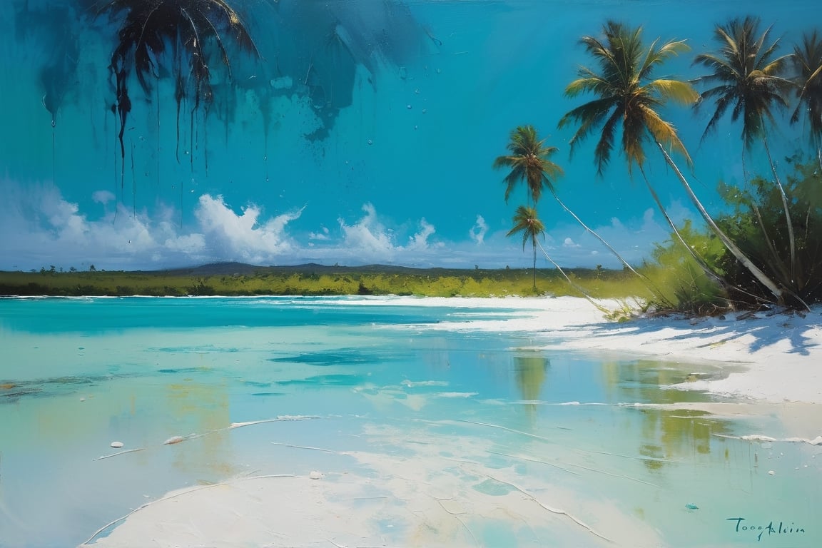 abstract, Cook Islands, as seen from the water, lagoon, white sand, palm trees, bright blue skies, green foliage, turquoise water, thick paint, block palette knife, pastel, in the style of Tony Allain, braod strokes on the knife, dots of paint, splatter, water drops, transparent in places,art by sargent,Oil painting of Mona Lisa ,Leaf