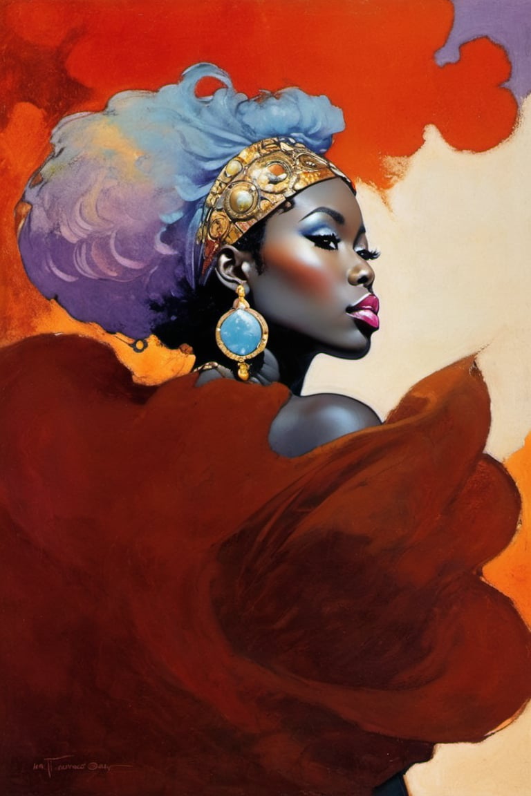 Gay, art nouveau style, an oil painting, a masterpiece, a hot black african american women, she is built for pleasure, ample breasts and bottom, she has it and knows it,  art by TavitaNiko, art by mel odom, art by Klimt , art by brom, art by Warhol, art by frazetta, poster style, Russian art, pink, baby blue, lilac, feminine, 