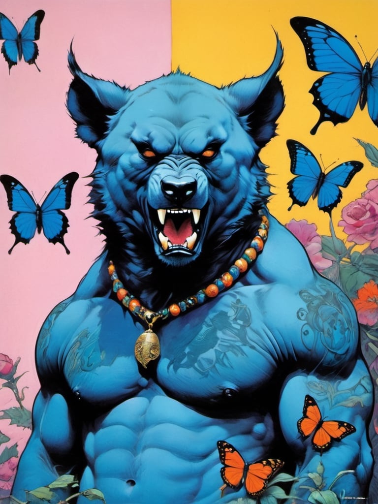 Blue bear growling, howling at the moon, Horror Comics style, art by brom, tattoo by ed hardy, shaved hair, neck tattoos andy warhol, heavily muscled, biceps,glam gore, horror, blue bear, demonic, hell visions, demonic women, military poster style, chequer board, vogue bear portrait, Horror Comics style, art by brom, smiling, lennon sun glasses, punk hairdo, tattoo by ed hardy, shaved hair, neck tattoos by andy warhol, heavily muscled, biceps, glam gore, horror, poster style, flower garden, Easter eggs, coloured foil, oversized monarch butterflies, tropical fish, flower garden,