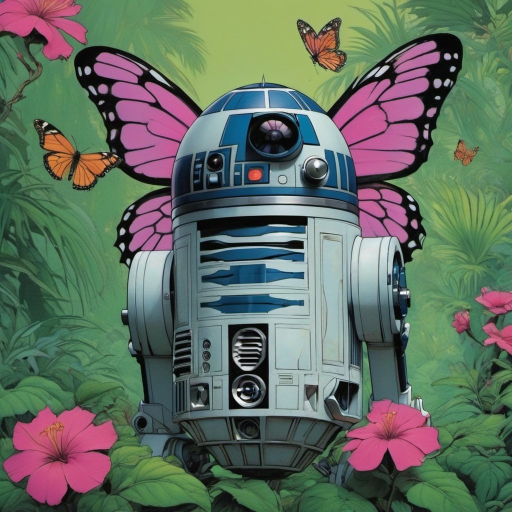 r2d2 , Horror Comics style, art by brom, smiling people, poking tongue at viewer, lennon sunglasses, punk hairdo, tattoo by ed hardy, shaved hair, neck tattoos by andy warhol, heavily muscled, biceps, glam gore, horror, poster style, flower garden, oversized monarch butterflies, tropical fish, flower garden, 